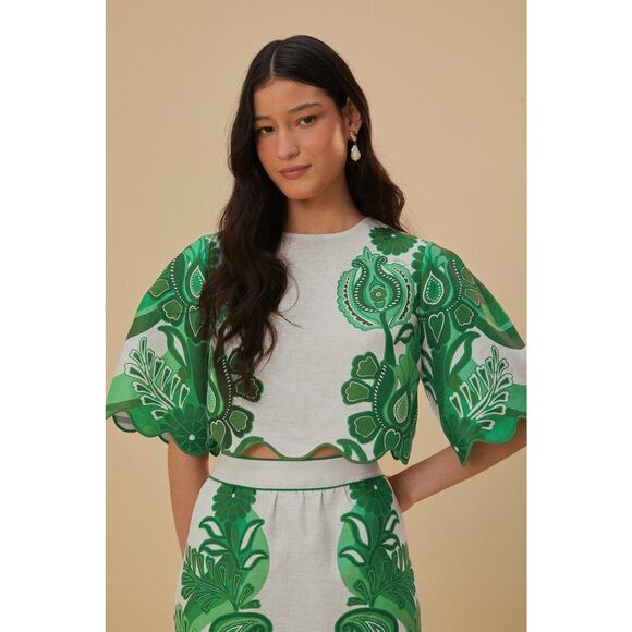 Farm Rio Green Color Festival Euroflax Linen Blouse Crop Top Size S - Picture 1 of 13